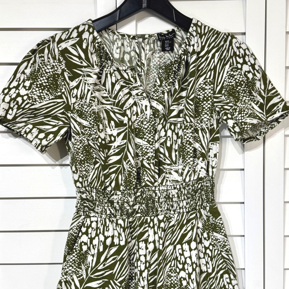 Nicole Miller NY Olive Green Tropical Palm Print Linen Jumpsuit XS Wide Leg - Picture 2 of 12